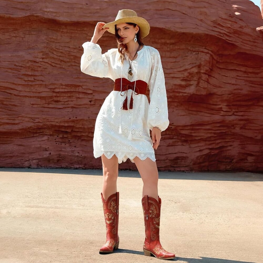 🆕Womens Red Faux Leather Knee High Cowboy Chunky Heel Tall Western Boots - Picture 5 of 8